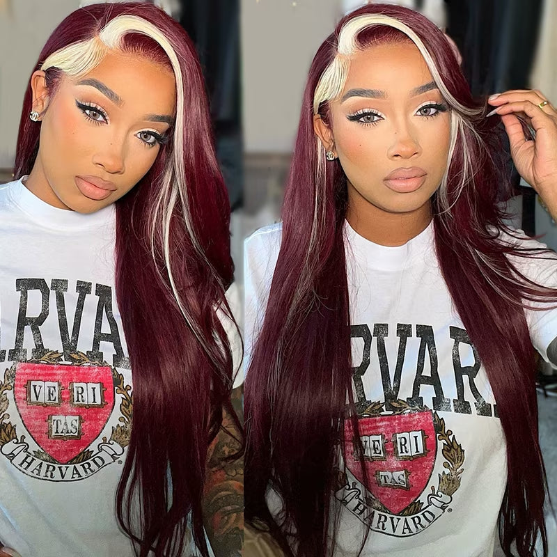 99j Red Wine & Blonde Skunk Stripe Color Wig 13*4 Lace Front Wig