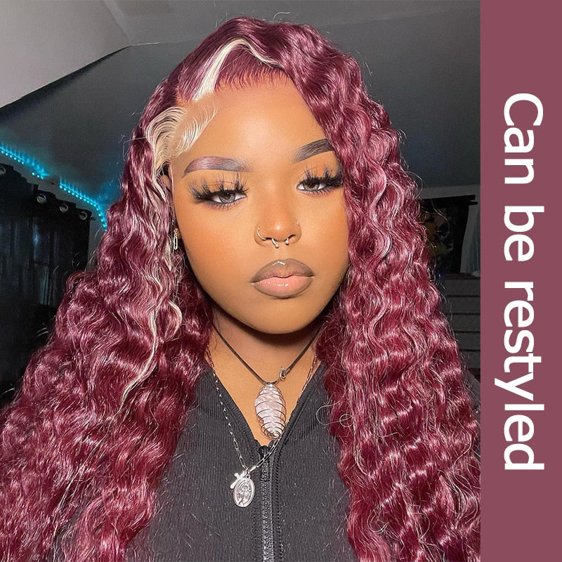 99j Red Wine & Blonde Skunk Stripe Color Wig 13*4 Lace Front Wig