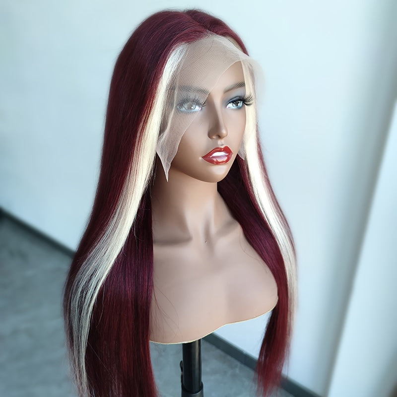 99j Red Wine & Blonde Skunk Stripe Color Wig 13*4 Lace Front Wig