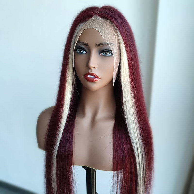 99j Red Wine & Blonde Skunk Stripe Color Wig 13*4 Lace Front Wig