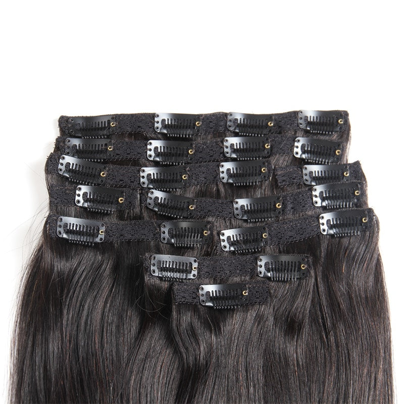 Silky Straight Clip Ins Hair Extensions 100% Human Hair Natural Black Color