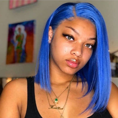 Blue Bob Wig Straight 13x4 Lace Front Human Hair Wig Natural Hairline