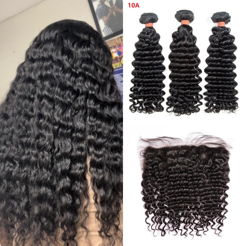 Bosun Hair Deep Wave Human Hair 3 Bundles with 13x4 13x6 HD Lace Frontal