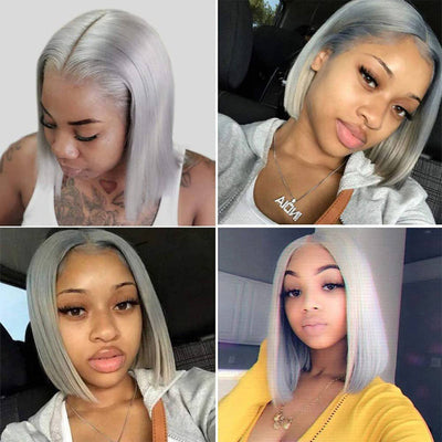 Grey Straight Lace Front Bob Wigs Colored Human Hair Wigs Lace Frontal Wig