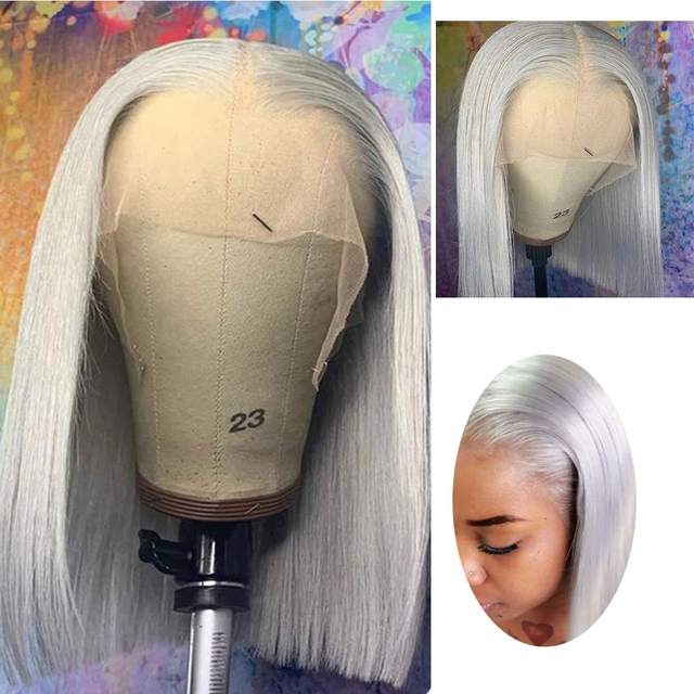 Grey Straight Lace Front Bob Wigs Colored Human Hair Wigs Lace Frontal Wig