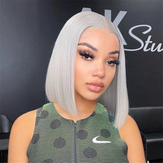 Grey Straight Lace Front Bob Wigs Colored Human Hair Wigs Lace Frontal Wig