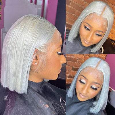 Grey Straight Lace Front Bob Wigs Colored Human Hair Wigs Lace Frontal Wig