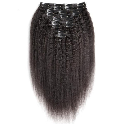 Kinky Straight Clip Ins Hair Extensions 100% Human Hair Natural Black Color BOSUNHAIR