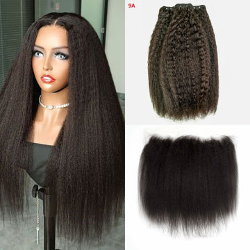 Bosun Hair Kinky Straight Human Hair 3 Bundles with 13x4 13x6 HD Lace Frontal