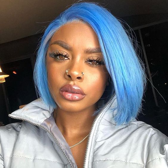 Light Blue Straight Bob Wig Short Wig Sky Blue Lace Frontal Human Hair Wig