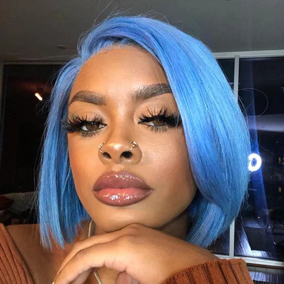 Light Blue Straight Bob Wig Short Wig Sky Blue Lace Frontal Human Hair Wig