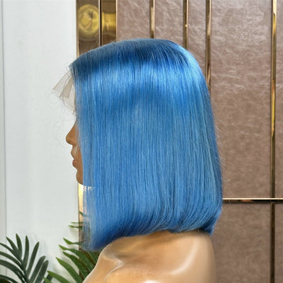 Light Blue Straight Bob Wig Short Wig Sky Blue Lace Frontal Human Hair Wig