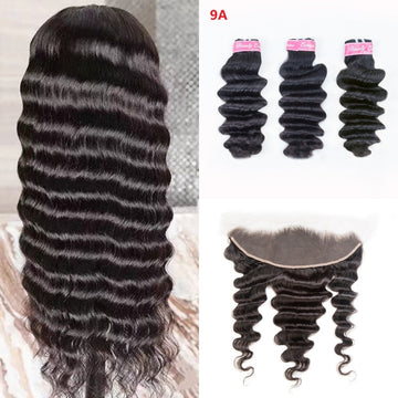 Bosun Hair Loose Deep Wave Human Hair 3 Bundles with 13x4 13x6 HD Lace Frontal