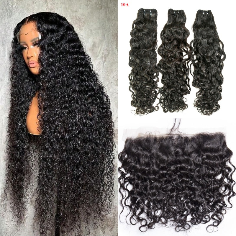 Bosun Hair Water Wave Human Hair 3 Bundles with 13x4 13x6 HD Lace Frontal