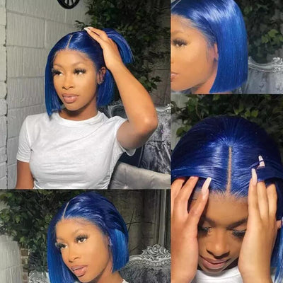 Blue Bob Wig Straight 13x4 Lace Front Human Hair Wig Natural Hairline