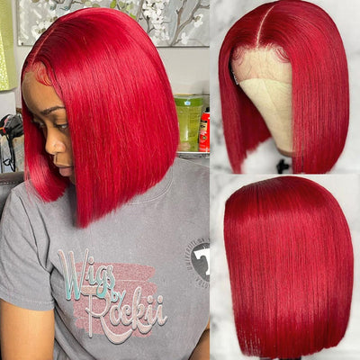 Bosun Hair Colored Red Wine Straight Hair Short Bob 13x4 Lace Wigs