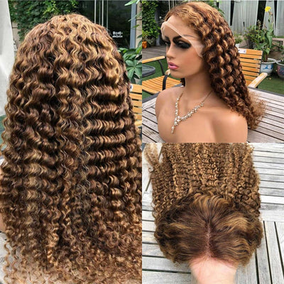 Bosun Hair Highlight Deep Wave 13x4 Lace Front Wigs Honey Blonde Piano Color Ombre Highlight Wig