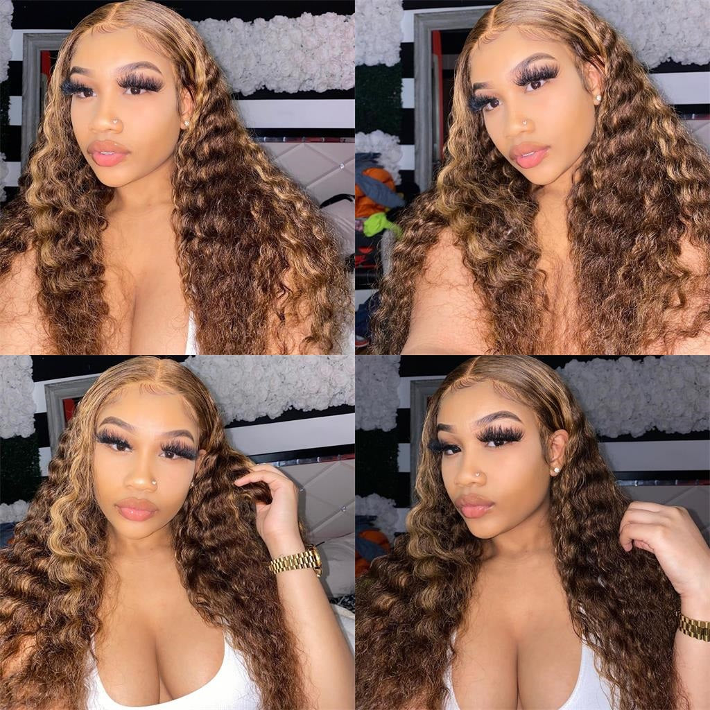 Bosun Hair Highlight Deep Wave 13x4 Lace Front Wigs Honey Blonde Piano Color Ombre Highlight Wig