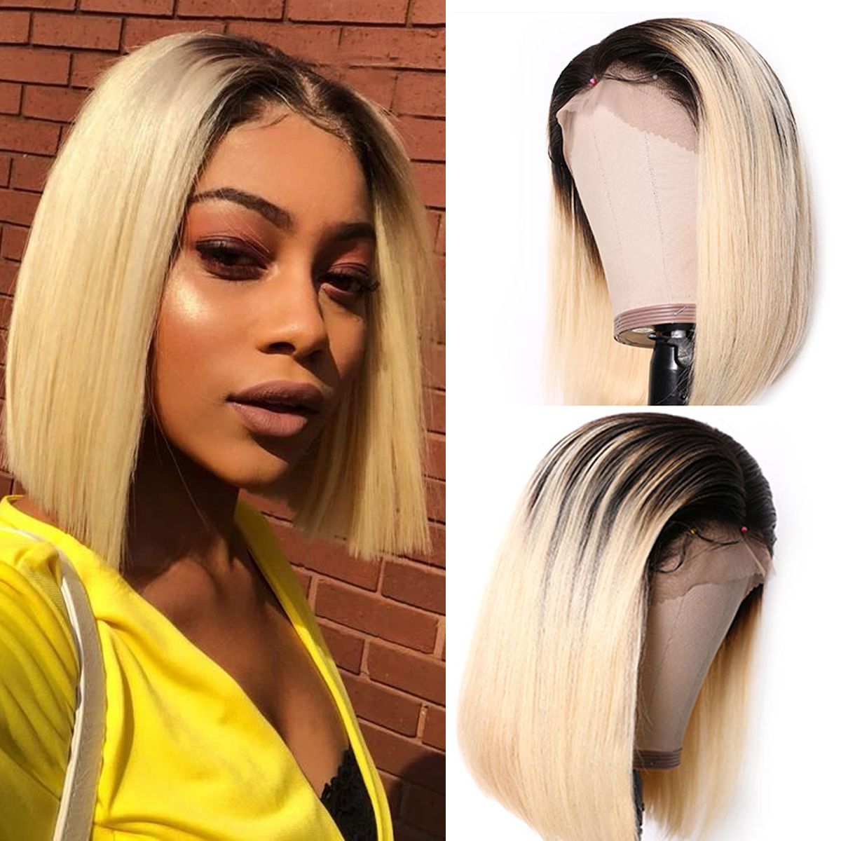 Short Bob Wigs Blonde Wig With Dark Roots Straight Hair 13×4 Lace Front ombre Wigs