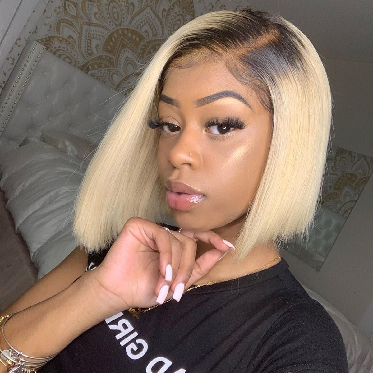 Short Bob Wigs Blonde Wig With Dark Roots Straight Hair 13×4 Lace Front ombre Wigs