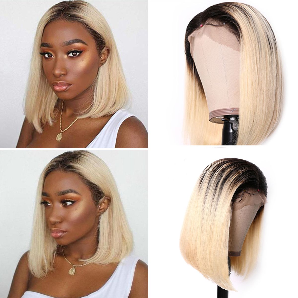 Short Bob Wigs Blonde Wig With Dark Roots Straight Hair 13×4 Lace Front ombre Wigs