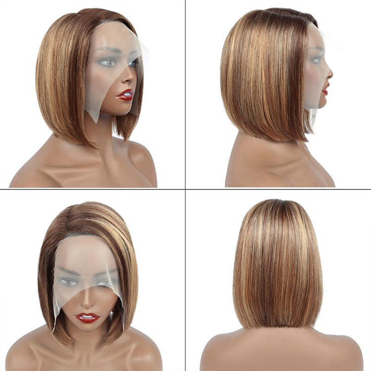 Honey Blonde Piano Highlights Color Bob Human Hair Wig Short Cut Wigs