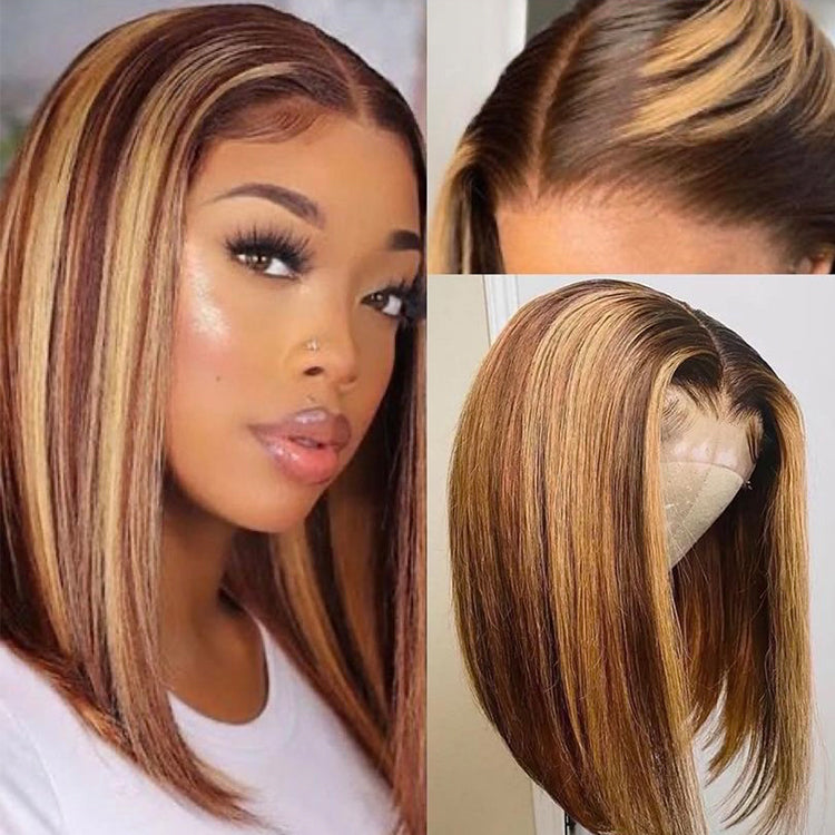 Honey Blonde Piano Highlights Color Bob Human Hair Wig Short Cut Wigs